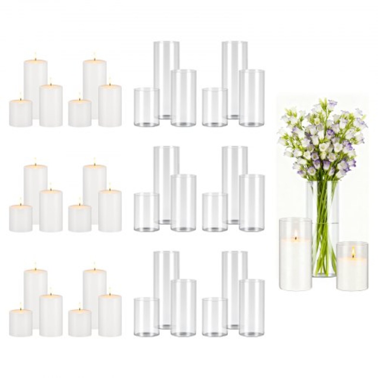 White-Clear Glass Pillar Candle and Vase Set, 36-Piece Home Decor
